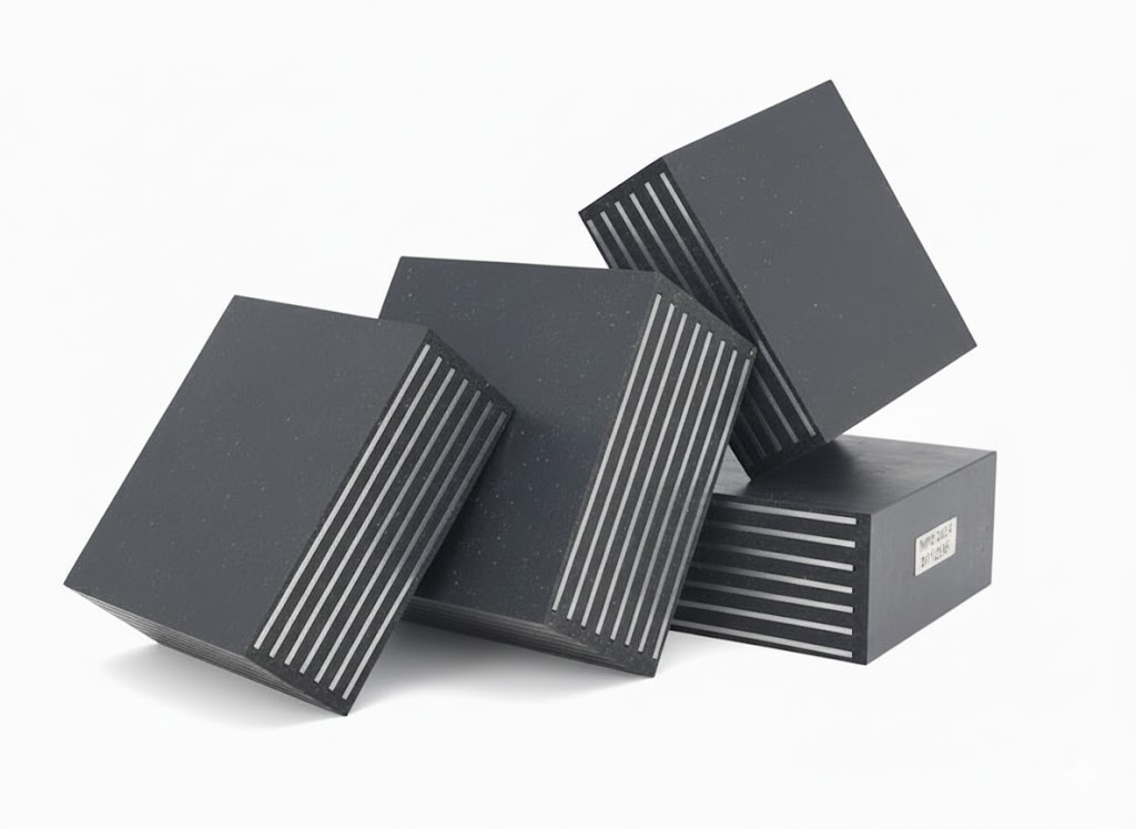 A imagem mostra quatro apoios de neoprene fretado empilhados de forma artística e dinâmica em um fundo branco. Os blocos retangulares, feitos de neoprene preto e reforçados com finas camadas metálicas prateadas visíveis nas laterais, parecem estar em movimento, com um deles tombando ligeiramente. Um dos blocos exibe uma etiqueta branca com números e letras, adicionando um detalhe técnico à composição.