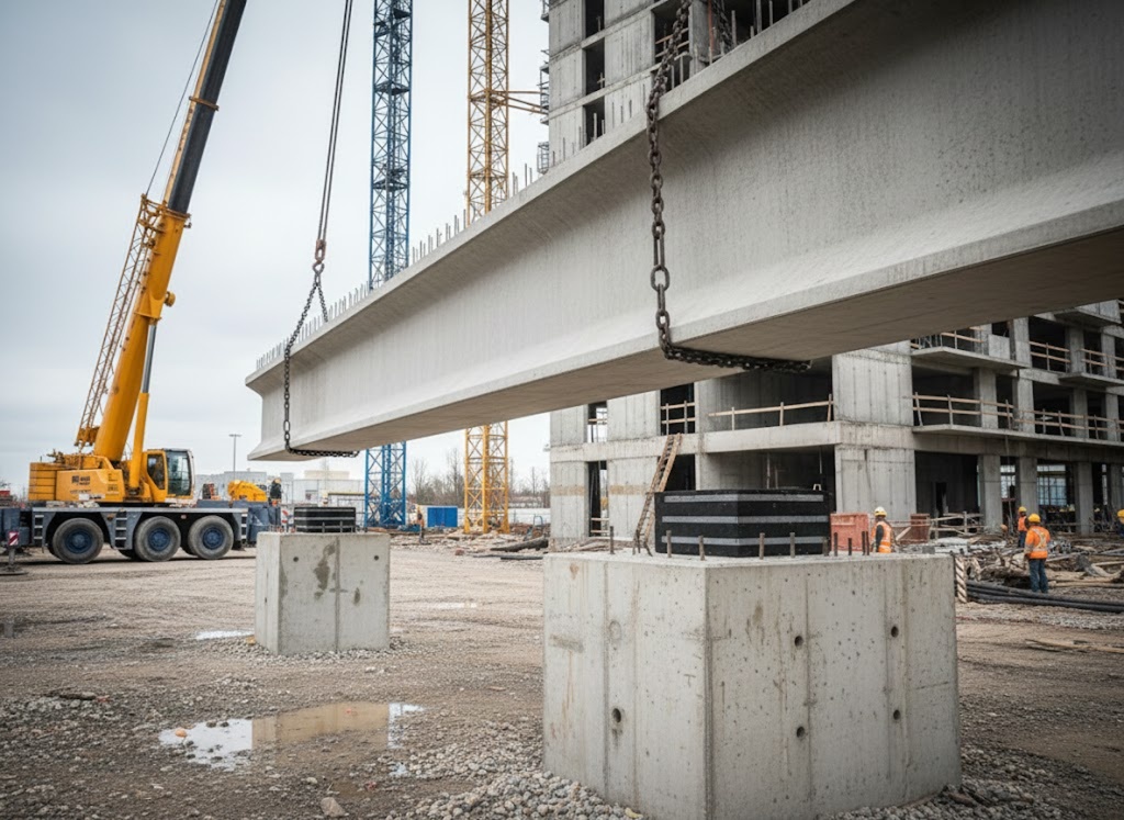 A imagem mostra uma cena de construção civil com uma viga de concreto sendo erguida por um guindaste amarelo. Em primeiro plano, é possível ver blocos de apoio de neoprene fretado, que se assemelham ao material na imagem de referência anterior. Ao fundo, há um prédio em construção e outros guindastes. O chão está empoeirado e há alguns trabalhadores no canteiro de obras.