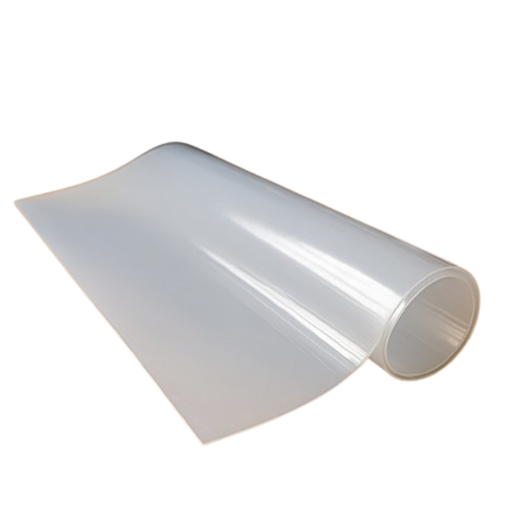 Uma folha de silicone translúcida enrolada em forma de cilindro, com superfície lisa e flexível e acabamento brilhante, isolada em um fundo branco, comumente usada.