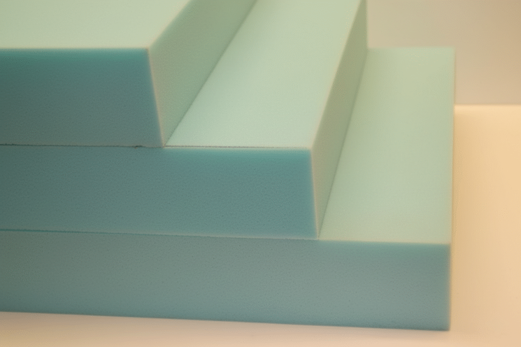 Blocos retangulares de espuma azul-clara empilhados em tamanhos decrescentes, formando uma estrutura escalonada. A espuma tem uma superfície lisa e de textura fina, e a cena é suavemente iluminada com tons neutros e quentes ao fundo.