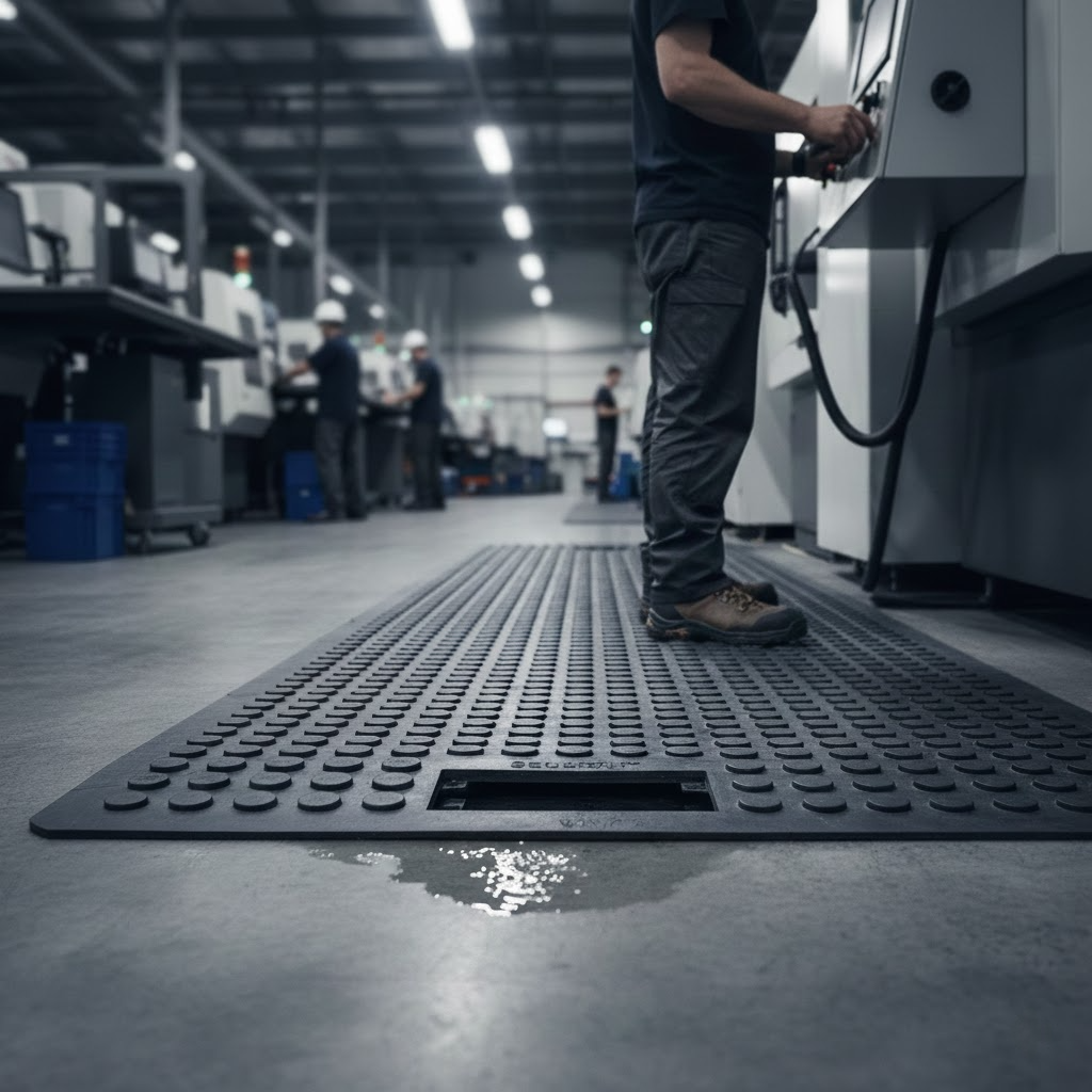 Uma montagem composta por várias imagens demonstrando a aplicação e tipos de estrados. No topo, uma cena em uma cozinha industrial mostra estrados brancos instalados no piso, com um deles levantado para revelar um canal de escoamento, demonstrando eficiência na drenagem. Ao lado, um trabalhador opera máquinas sobre um longo estrado preto antiderrapante em um galpão industrial, onde se observa o escoamento de líquidos por uma abertura central.