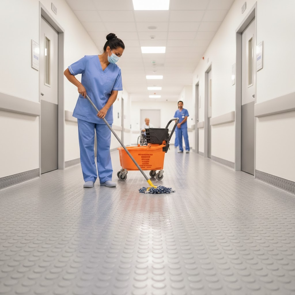 Esta imagem apresenta uma cena realista e equilibrada em um ambiente hospitalar, destacando a importância da higiene e infraestrutura no controle de contaminação.