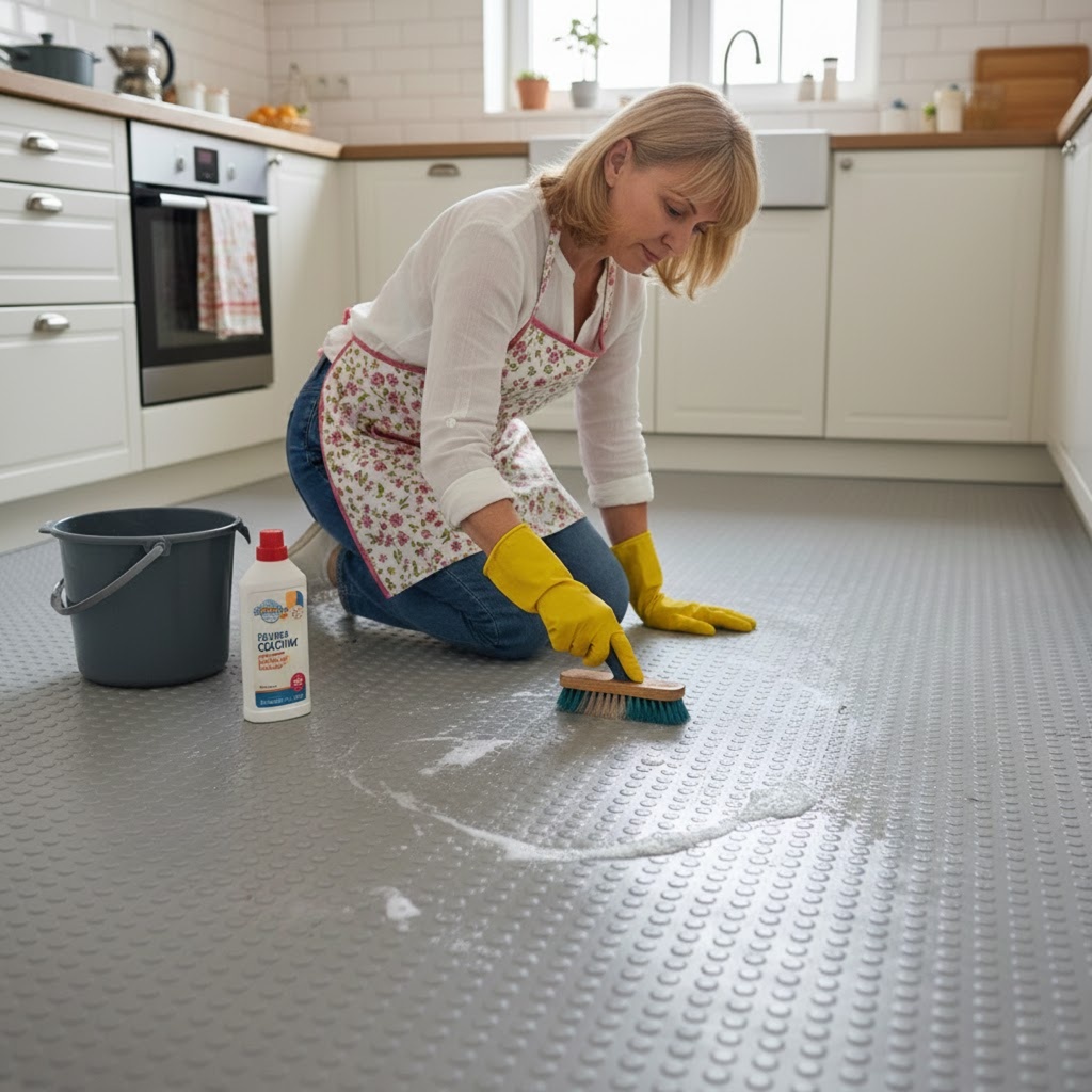 A imagem apresenta uma mulher em uma cozinha residencial bem iluminada, ajoelhada sobre um piso emborrachado cinza com textura "feijão" (pequenos relevos ovais). Ela veste uma blusa branca, avental florido e luvas de proteção amarelas, utilizando uma escova de cerdas para esfregar uma mancha de espuma de sabão no chão.