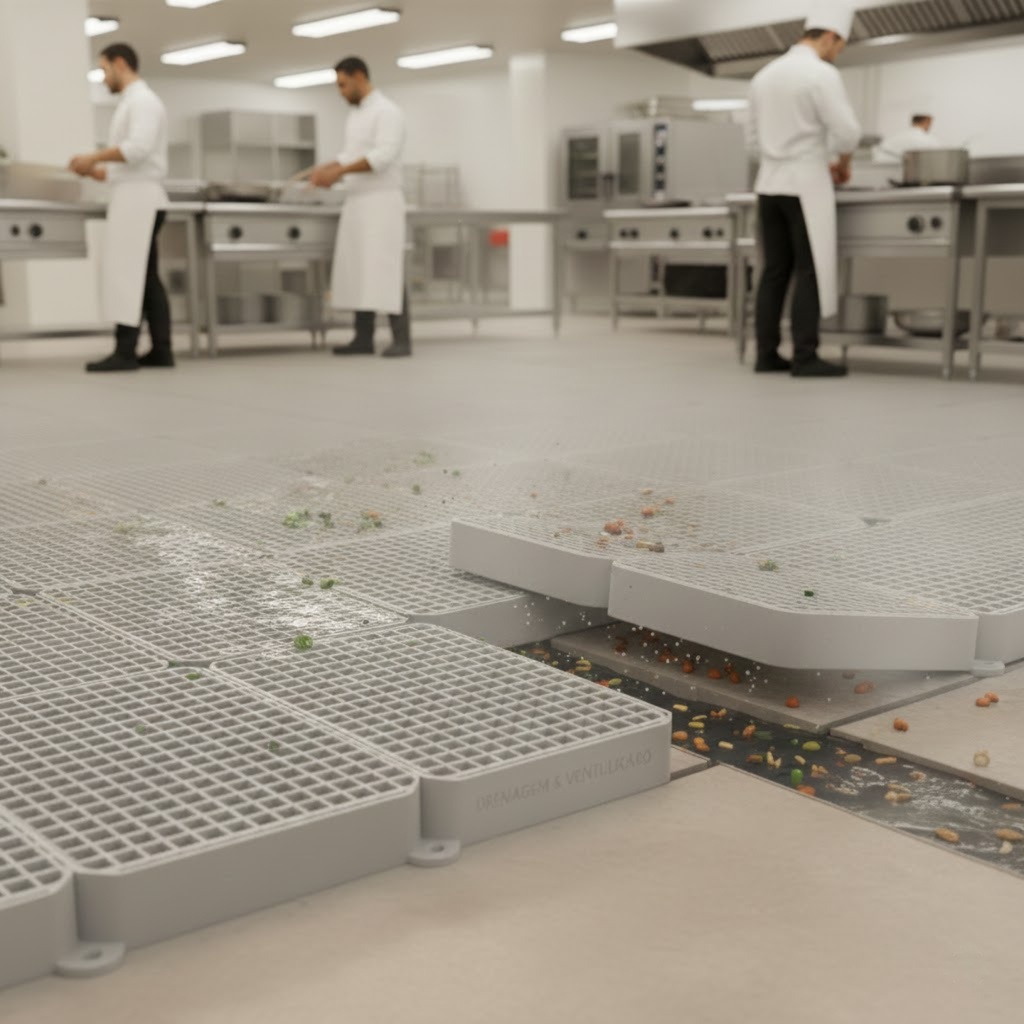 Visão em ângulo baixo de uma cozinha industrial limpa com chefs ao fundo. Em primeiro plano, estrados de PVC cinza claro estão instalados de forma modular sobre o piso. Um dos estrados está levemente suspenso, revelando um canal de drenagem abaixo, onde a água e pequenos resíduos fluem livremente, demonstrando a eficácia do sistema de ventilação e escoamento do produto