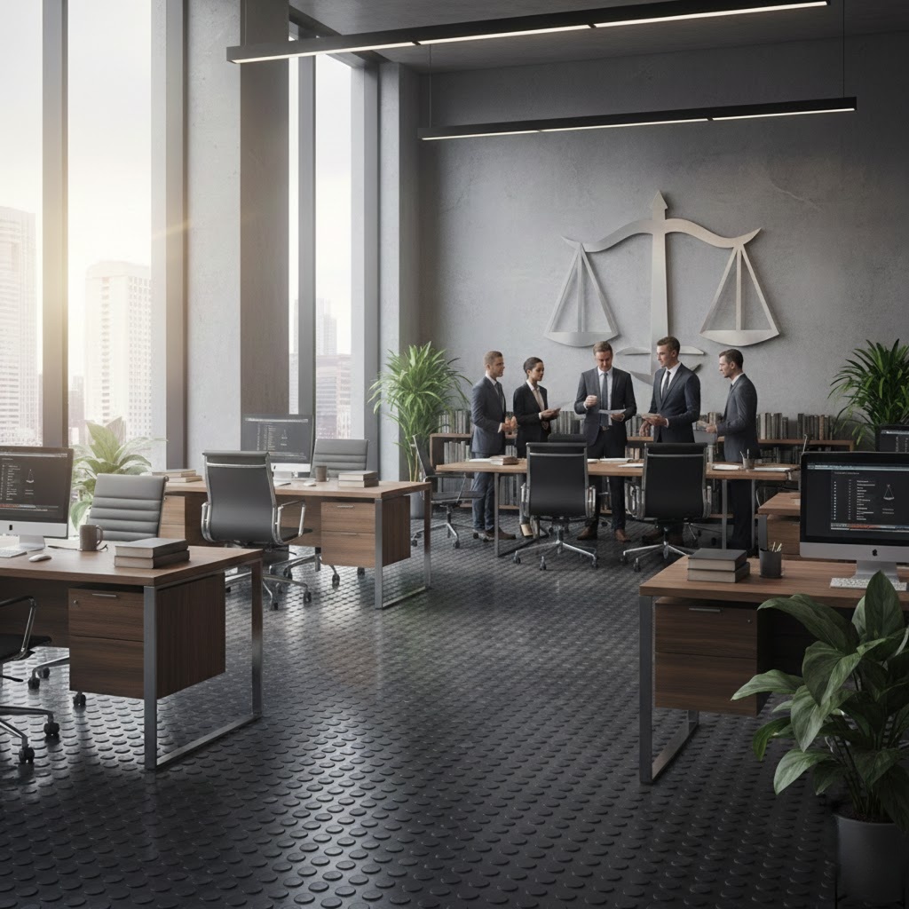 Um escritório de advocacia com cinco pessoas, com plantas e um piso emborrachado no estilo moeda.