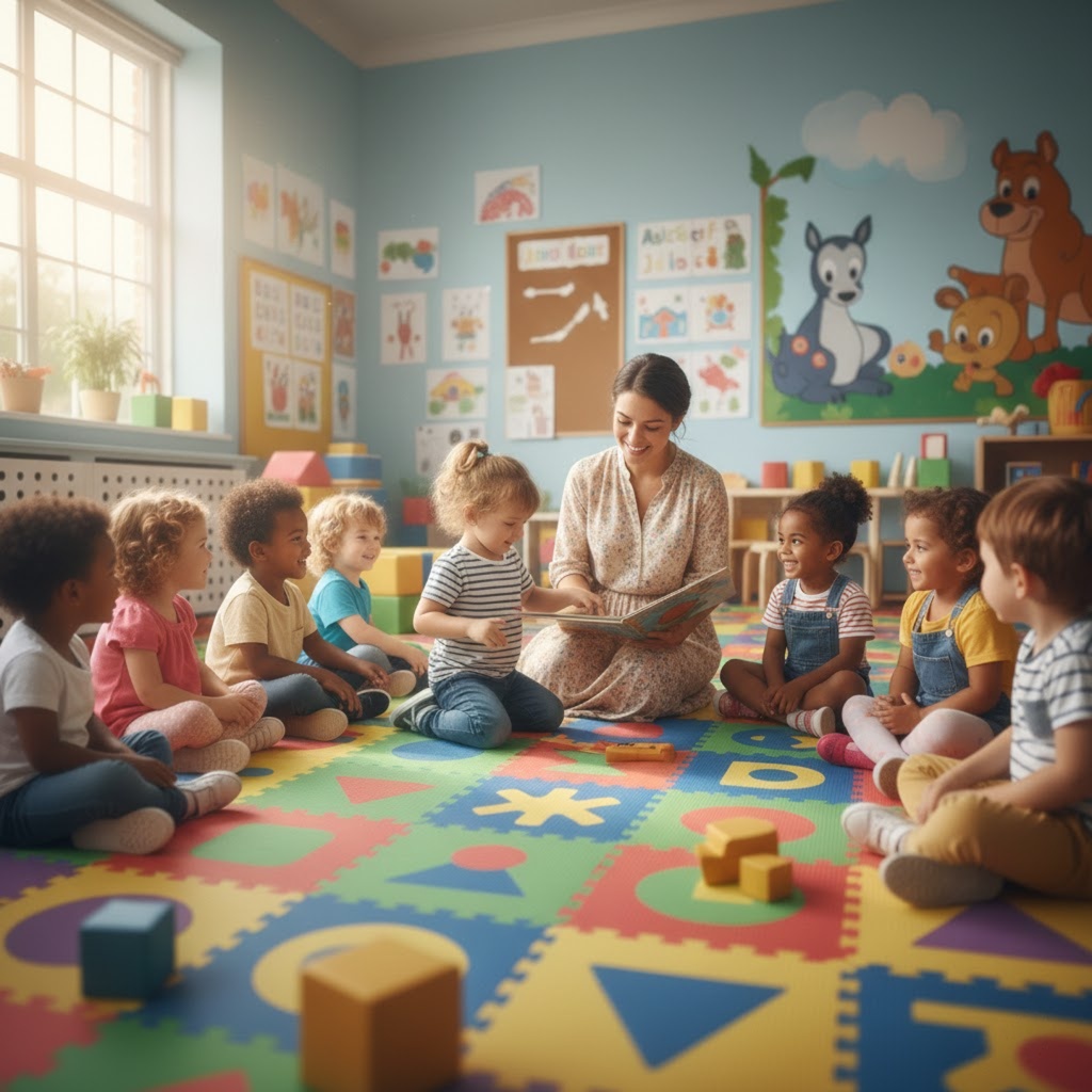Uma sala de aula de educação infantil iluminada pela luz solar que entra por uma grande janela à esquerda. No centro, uma professora jovem sorri enquanto lê um livro para um grupo de sete crianças pequenas, de diversas etnias, que estão sentadas em círculo ao seu redor. Todos estão acomodados sobre um piso emborrachado colorido, composto por peças de encaixe tipo "quebra-cabeça" com desenhos de formas geométricas e letras. O ambiente é acolhedor, com paredes decoradas com desenhos infantis e prateleiras com brinquedos educativos ao fundo.