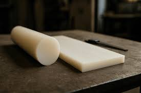 Esta imagem exibe dois formatos comuns de um material plástico de engenharia branco opaco, provavelmente nylon ou acetal, dispostos sobre uma superfície de trabalho de metal texturizado.