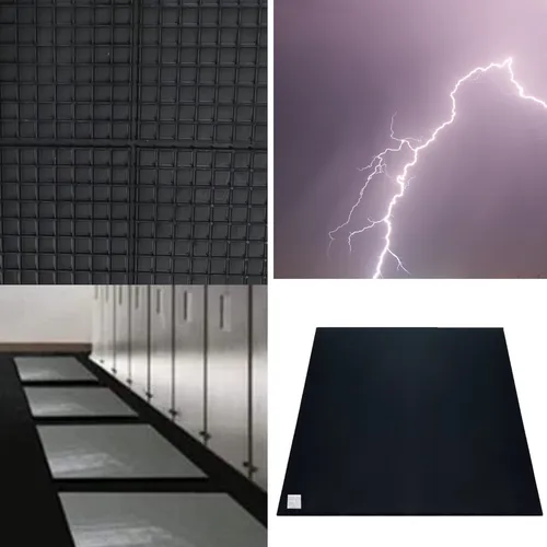 A imagem é uma composição de quatro fotos distintas, focadas em materiais industriais e segurança elétrica.