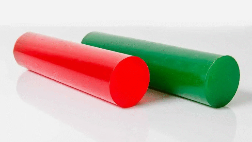 Esta imagem apresenta dois tarugos cilíndricos industriais de material polimérico, posicionados paralelamente sobre uma superfície branca e reflexiva. As peças exibem características típicas de plásticos de engenharia de alta performance.