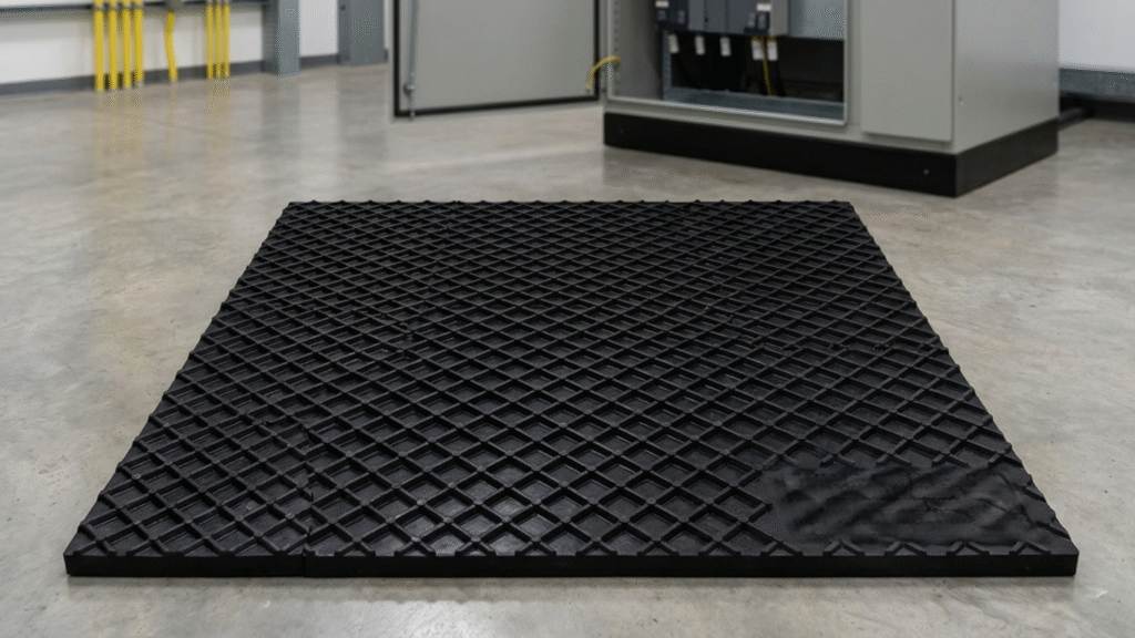 Esta imagem apresenta um estrado isolante de borracha, posicionado em um ambiente industrial ou técnico, como uma sala de painéis elétricos ou um centro de comando.