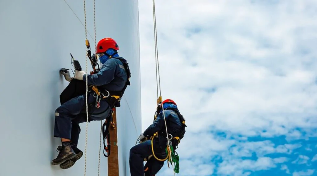 dois operários usando o trava quedas