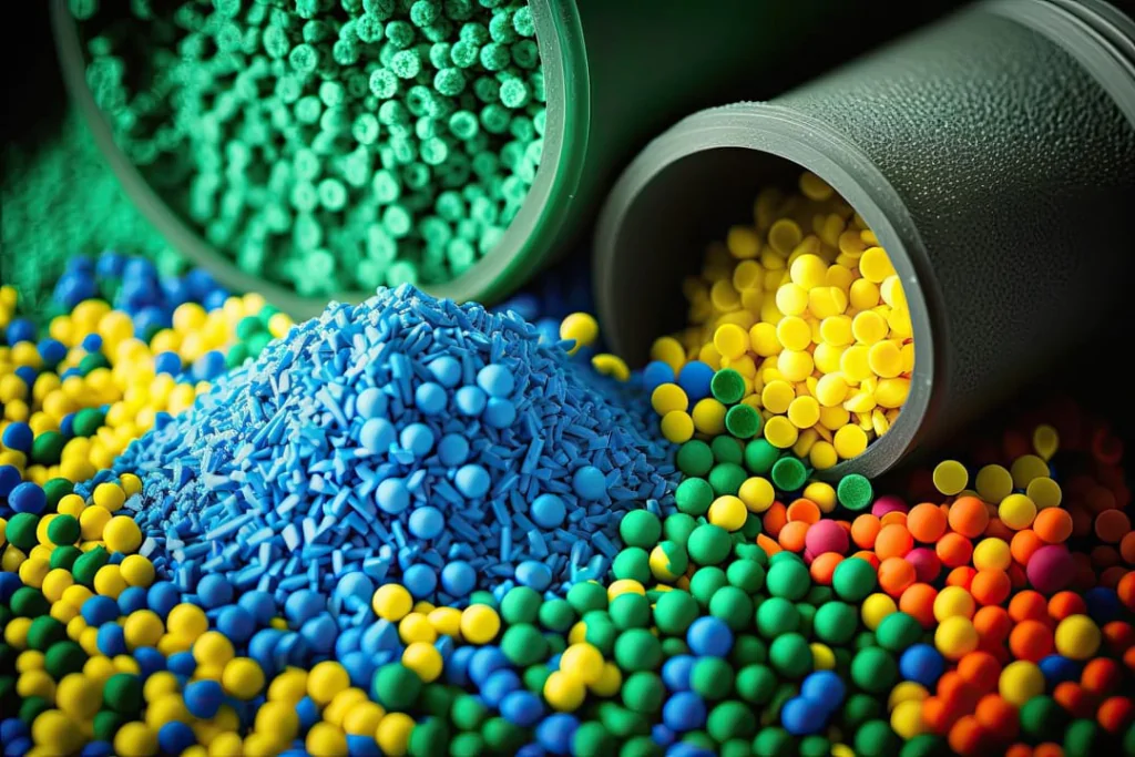 Claro! Aqui vai a versão resumida:---**Descrição resumida da imagem:**  Grânulos plásticos coloridos (verde, azul, amarelo, laranja e outros) espalhados e saindo de recipientes escuros. Eles são usados como matéria-prima na fabricação de produtos plásticos.