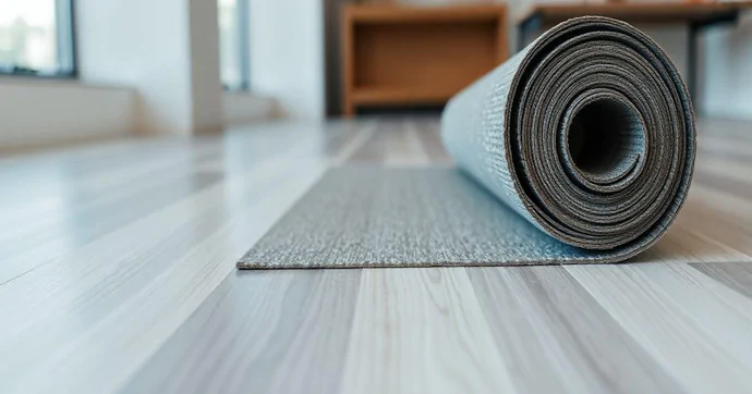 um tapete de ioga cinza enrolado sobre um piso de madeira moderno e claro em uma sala iluminada e minimalista. A perspectiva se concentra no tapete, com elementos de fundo desfocados, incluindo grandes janelas e um móvel de madeira.