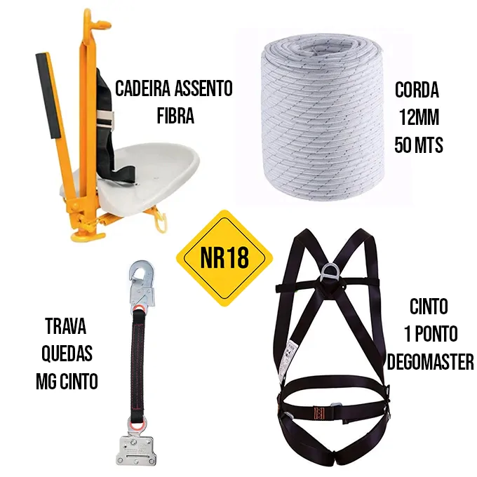 A imagem mostra um conjunto de equipamentos de segurança para trabalhos em altura. Inclui uma cadeira de assento feita de fibra, uma corda de 12 mm com 50 metros de comprimento, um dispositivo de trava-quedas e um cinto de segurança de um ponto da marca Degomaster.