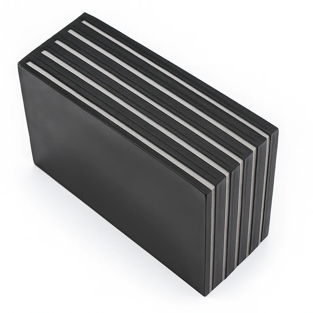 Almofada de apoio elastomérica retangular composta por camadas alternadas de borracha preta e placas de aço cinza. O objeto é mostrado em uma vista limpa de três quartos contra um fundo branco, destacando sua estrutura laminada e superfície lisa.