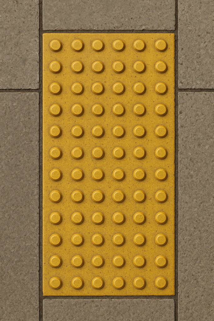 Este é um piso de calçada com uma placa de piso tátil de alerta em amarelo, composta por diversos relevo em forma de círculos dispostos em uma matriz. Essa placa está cercada por lajes de concreto cinza, proporcionando uma superfície de caminhada acessível para pessoas com deficiência visual.