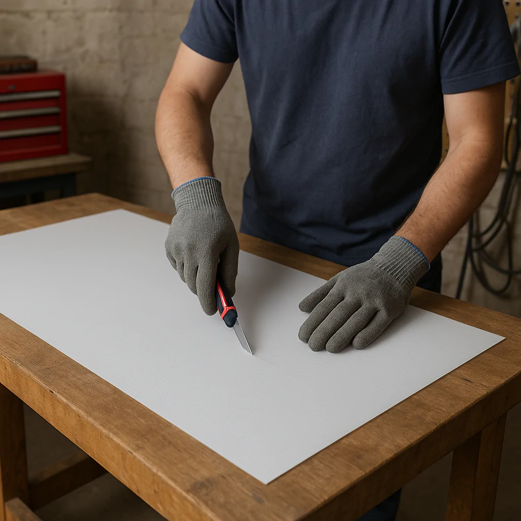 Homem usando luvas de proteção cortando uma chapa de material branco de polipropileno em uma mesa de madeira, com fundo de parede de tijolos.