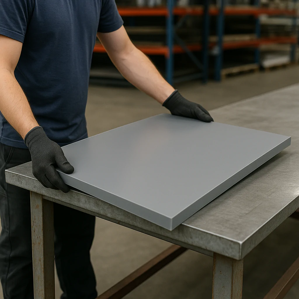 Uma pessoa usando luvas pretas está segurando uma placa de metal cinza, que está apoiada sobre uma bancada de trabalho de aço em um ambiente industrial ou de fábrica. A pessoa veste uma camiseta azul escura e a cena sugere um ambiente de produção ou montagem. No fundo, há estantes com materiais ou componentes armazenados.