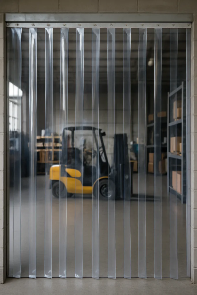 A imagem mostra uma porta de enrolar de metal, parcialmente aberta, que dá acesso a um espaço interno de um depósito ou armazém. Atrás da porta, há um carrinho de transporte com uma cabine amarela, além de prateleiras com caixas e itens empilhados. O ambiente interno parece ser bem organizado, com iluminação adequada e uma sensação de processo logístico ou de armazenamento em andamento.