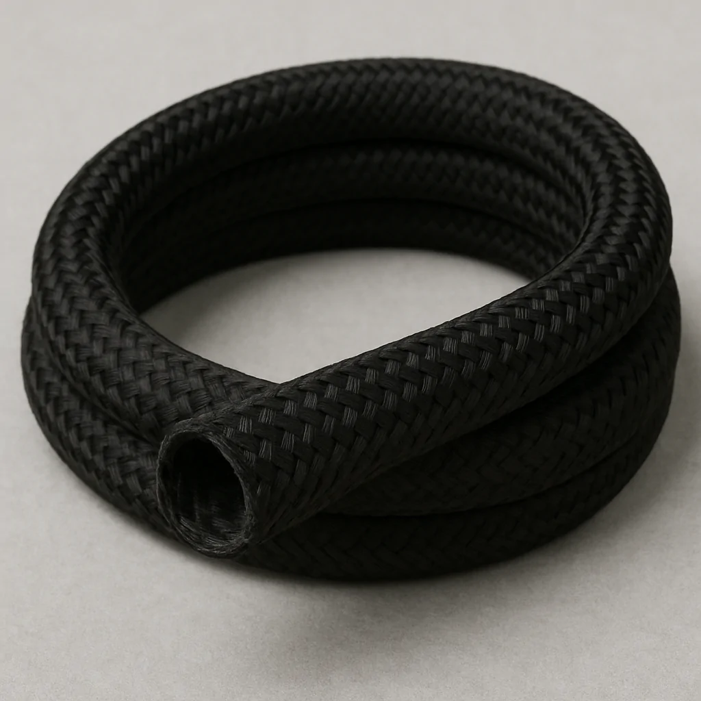 Mangueira revestida com uma capa protetora preta, enrolada em forma de espiral, para aumentar a durabilidade e proteção contra desgaste. Ideal para uso industrial, agrícola ou doméstico, garantindo maior segurança no transporte de líquidos e gases.