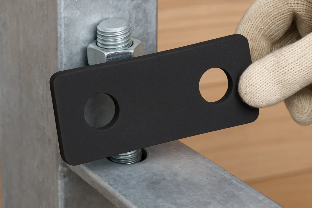 Uma pessoa usando uma luva de proteção está segurando uma placa de metal preta de formato retangular com dois buracos circulares, provavelmente colocando ou ajustando a placa sobre uma estrutura metálica. A estrutura parece ser uma montagem ou suporte de metal, com um parafuso visível em uma das extremidades. A cena sugere uma atividade de montagem ou manutenção industrial ou de construção.