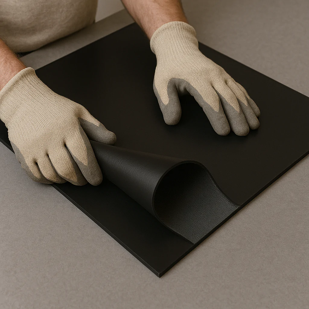 Este texto alternativo descreve uma imagem de duas mãos usando luvas de proteção manipularando um material flexível de cor preta, que parece ser uma lona ou uma folha de borracha de 2mm de espessura. A pessoa está cuidadosamente levantando ou ajustando o material sobre uma superfície plana, em um ambiente que sugere uma tarefa de inspeção, instalação ou produção relacionada a materiais de alta resistência ou impermeabilidade.