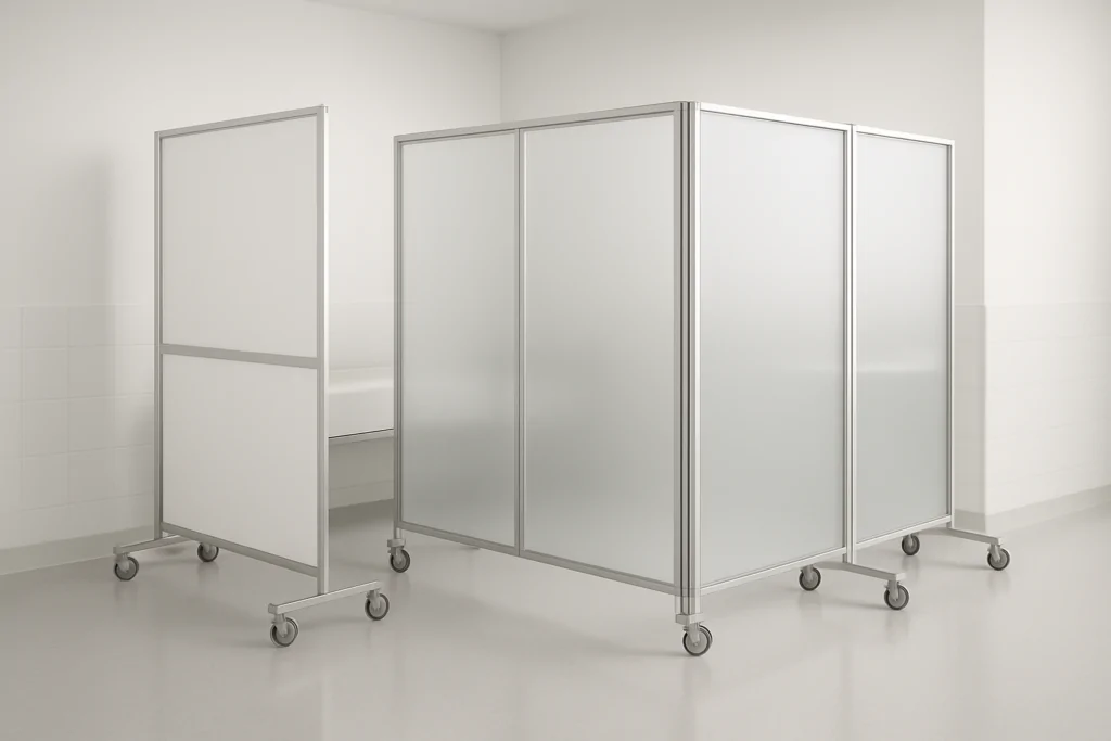 Dois cabines de isolamento hospitalar com painéis brancos e estrutura de metal prateada estão colocadas em um ambiente limpo e bem iluminado, geralmente utilizado em clínicas ou hospitais para proteção e privacidade dos pacientes.