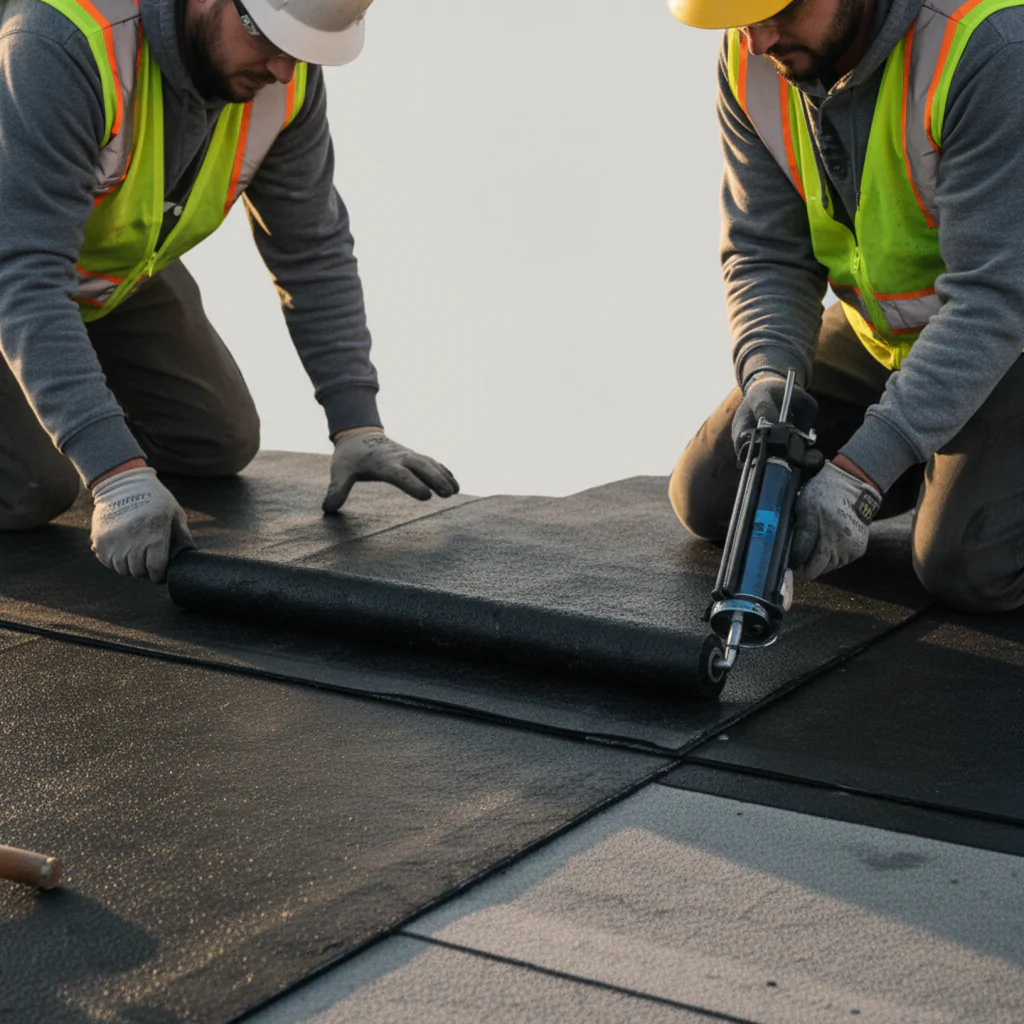 Dois operários usando coletes de segurança, luvas e capacetes instalam uma chapa preta de EPDM em um telhado plano. Um operário desenrola a chapa enquanto o outro aplica selante com uma pistola de calafetagem para fixar a sobreposição.