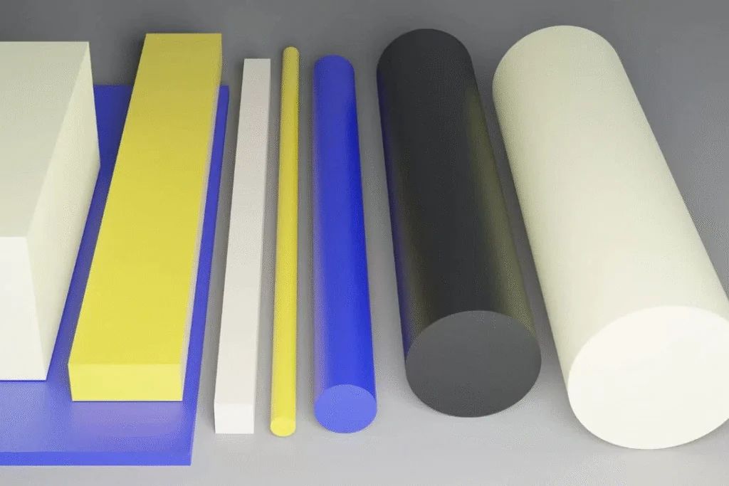 Conjunto de formas geométricas coloridas dispostas em linha sobre uma superfície cinza. Da esquerda para a direita, há um cubo branco apoiado sobre uma base azul, uma grande barra amarela, uma barra branca mais fina, uma barra amarela, uma barra azul, uma barra azul-escura, um cilindro preto, e uma grande esfera/cilindro branco no extremo direito. As peças variam em formatos simples (cubos, prismas, cilindros) e cores vivas, criando um arranjo estético e abstrato.