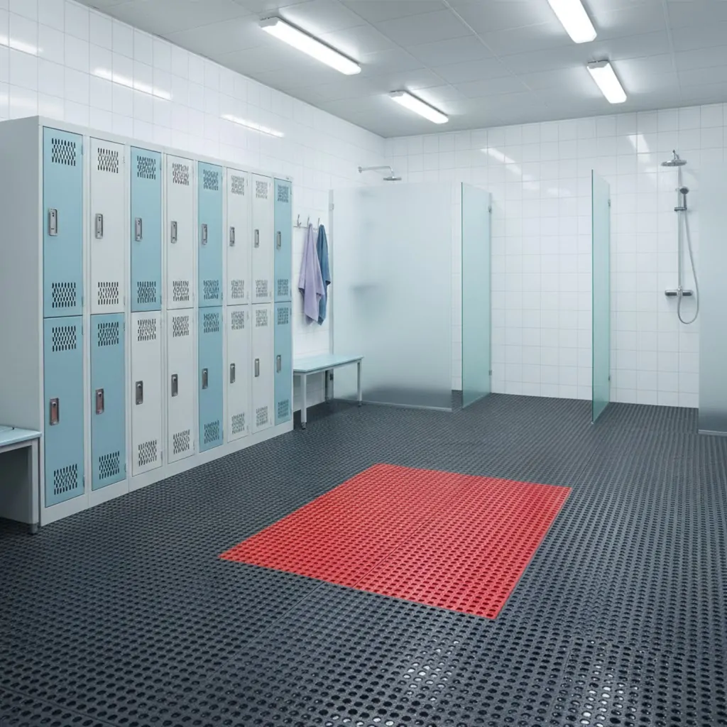 Pavilhão de vestiários de academia ou facility com piso preto antiderrapante perfurado. Do lado esquerdo, fila de armários altos brancos e azuis. Em frente aos armários, bancos de metal. Ao centro, área com toalhas penduradas, e ao fundo, divisórias de vidro que delimitam duchas com chuveiro. No piso, um grande tapete vermelho antiderrapante. Iluminação branca e uniforme, paredes brancas, ambiente limpo, organizado e seguro para uso de higiene e troca de roupas.