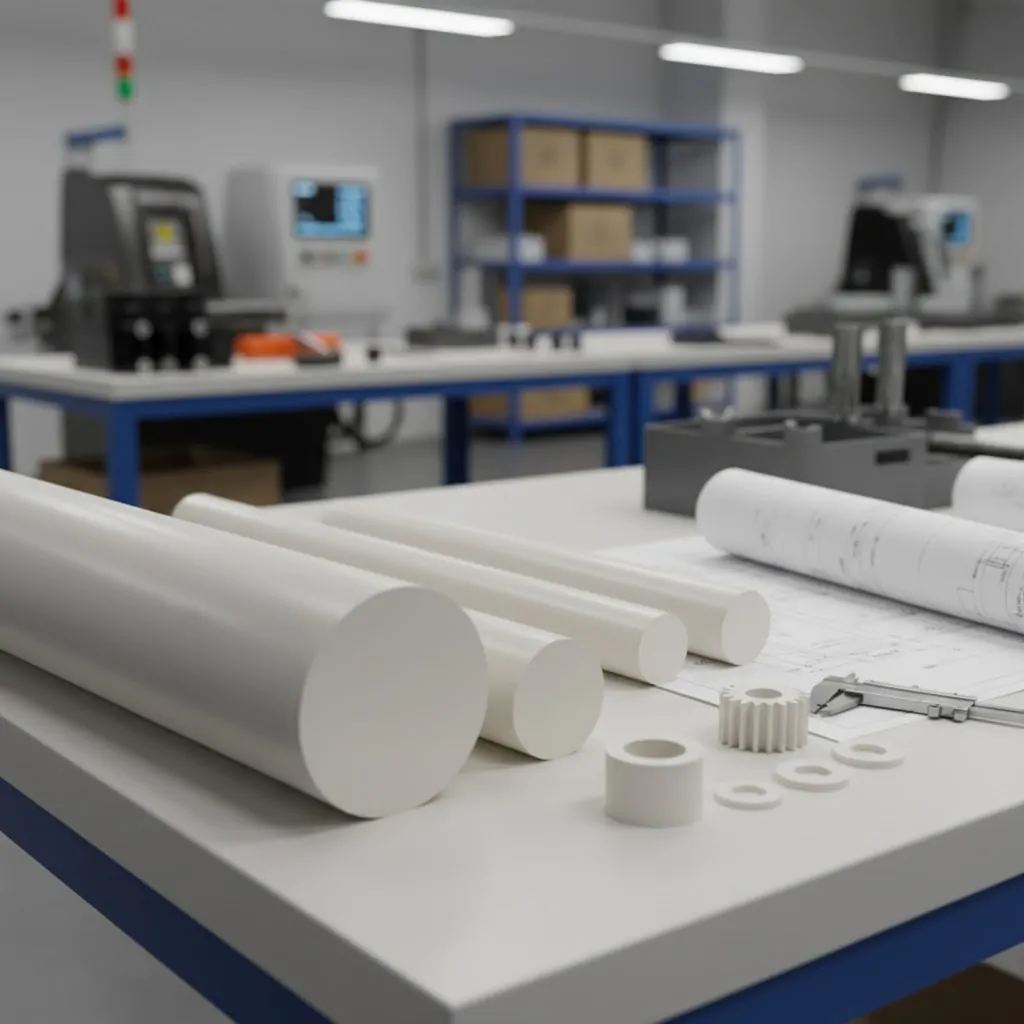 Mesa de laboratório com rolos brancos de papel/cartucho, peças cilíndricas pequenas e roscas brancas, sobre arquivos de engenhoca. Fundo com bancada, equipamentos de medição e prateleiras, tudo em tonalidades cinza e azul, em um espaço industrial.