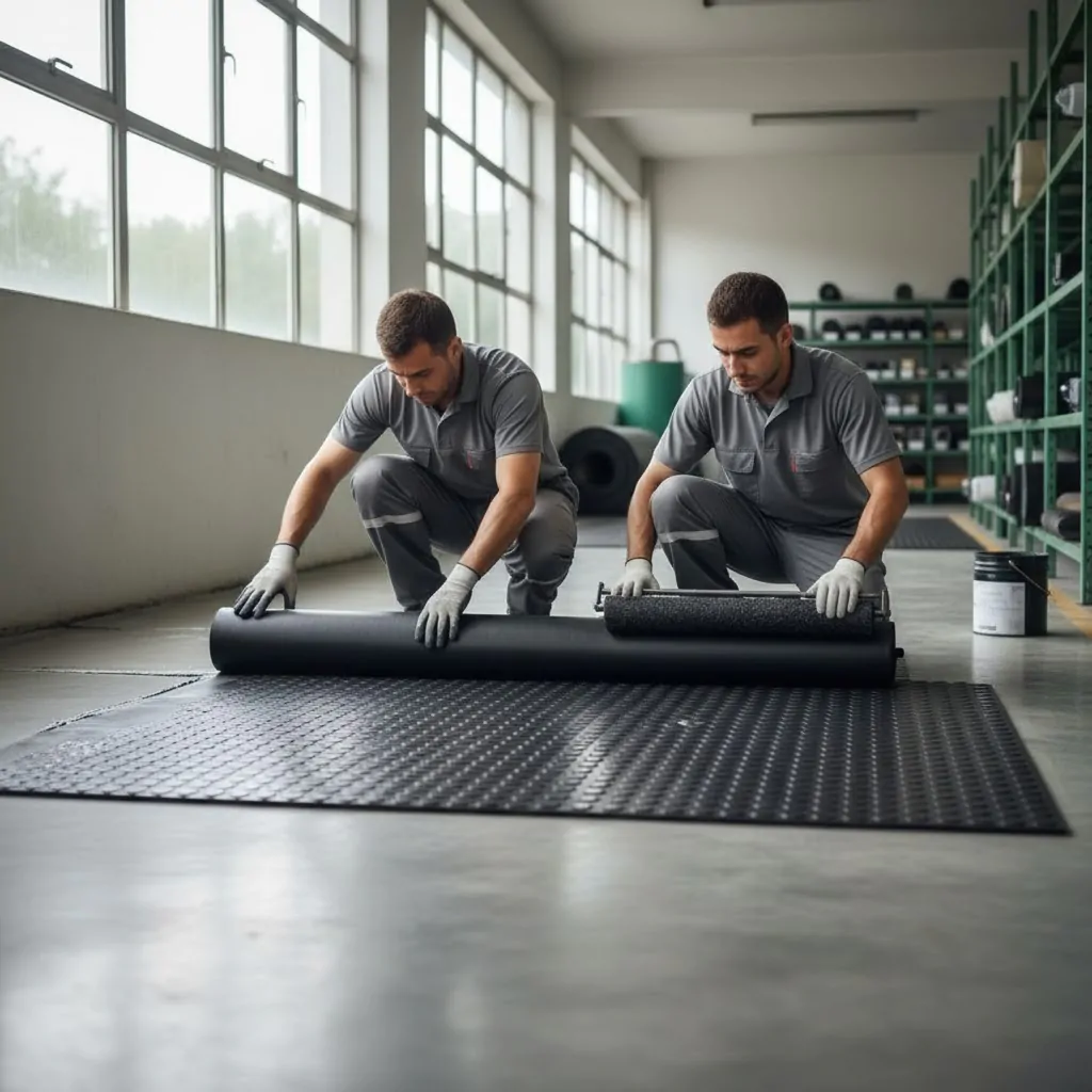 Dois trabalhadores instalando ou instalando: estão abaixados no chão, desenrolando uma esteira de piso preta em uma área de armazém ou fábrica. Ambos usam uniformes cinza e luvas brancas, com prateleiras e materiais industriais ao fundo. A iluminação natural entra pelas grandes janelas, destacando o ambiente de trabalho limpo e organizado.