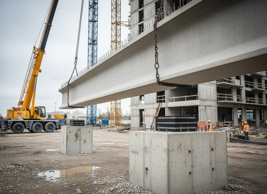 A imagem mostra uma cena de construção civil com uma viga de concreto sendo erguida por um guindaste amarelo. Em primeiro plano, é possível ver blocos de apoio de neoprene fretado, que se assemelham ao material na imagem de referência anterior. Ao fundo, há um prédio em construção e outros guindastes. O chão está empoeirado e há alguns trabalhadores no canteiro de obras.