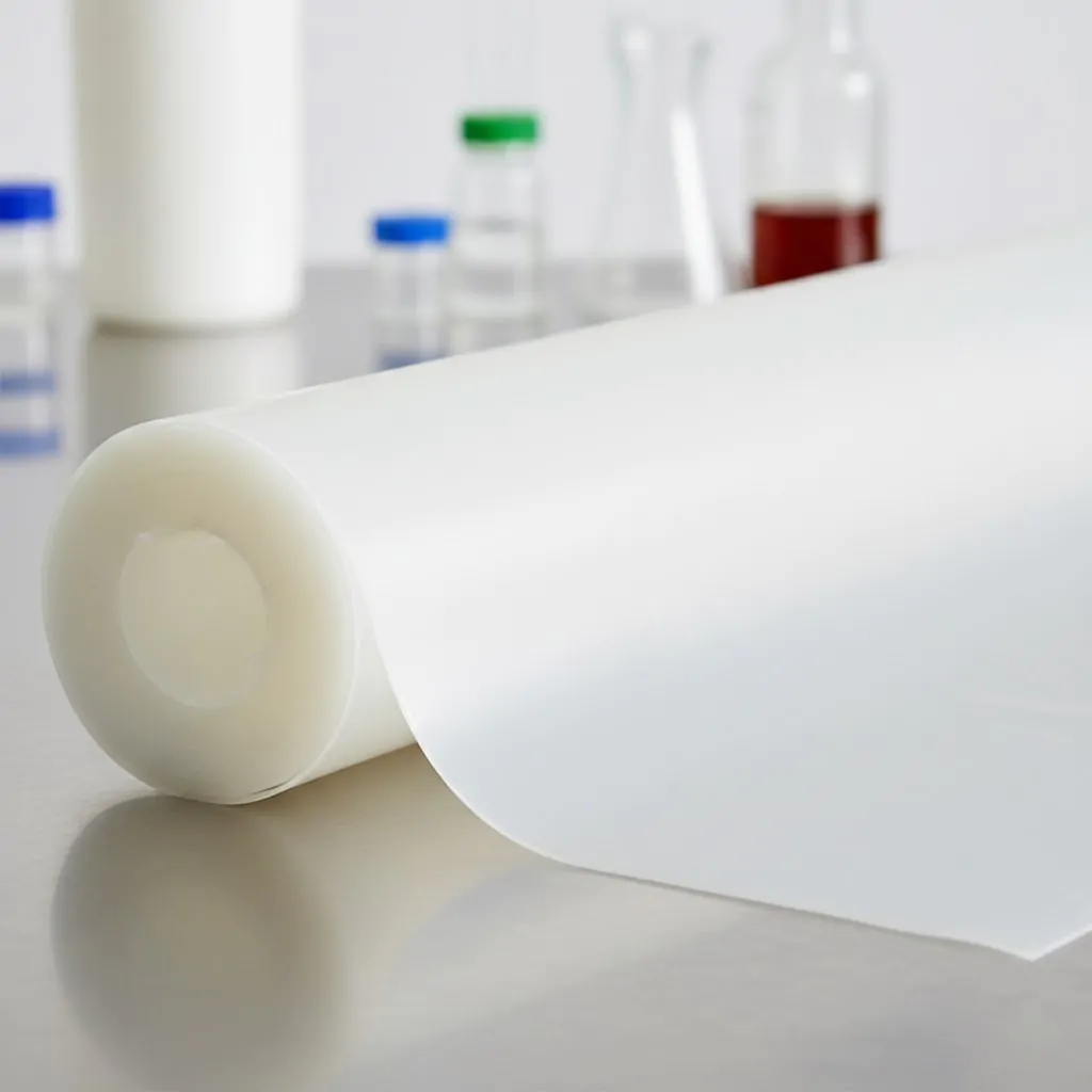 A imagem apresenta um rolo de lençol de borracha atóxico, de cor branca translúcida, repousando sobre uma superfície metálica lisa. Ao fundo, borrados, são visíveis alguns frascos e vidrarias de laboratório, sugerindo um ambiente limpo e controlado, típico para produtos que requerem pureza e ausência de toxicidade. O foco está no rolo de borracha, destacando sua textura suave e flexível.