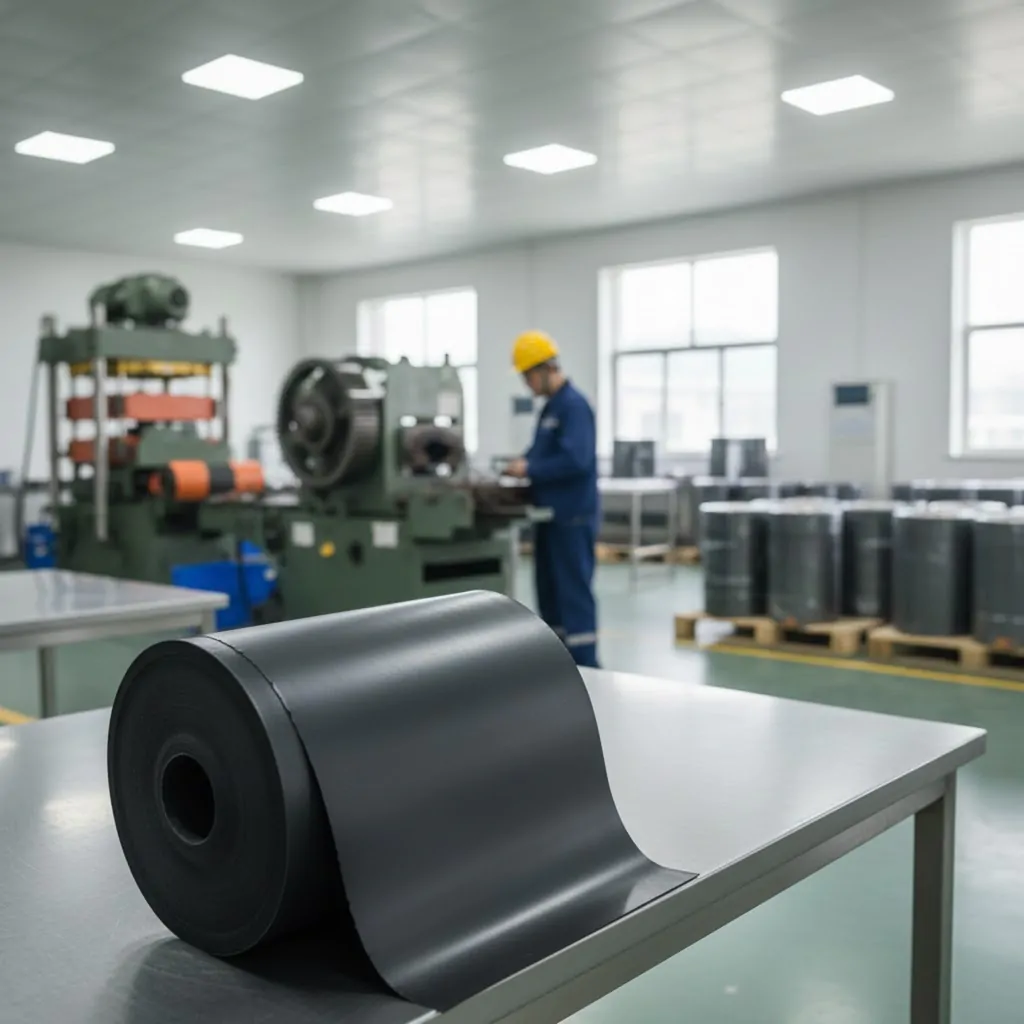 A imagem mostra um rolo de lençol de borracha preta, ligeiramente desenrolado para exibir sua espessura, posicionado sobre uma mesa metálica em um ambiente industrial. Ao fundo, um trabalhador com capacete amarelo e uniforme azul opera maquinário pesado, com outros rolos de material semelhantes empilhados em paletes. O local é bem iluminado com luzes de teto e janelas, sugerindo uma fábrica ou centro de produção.