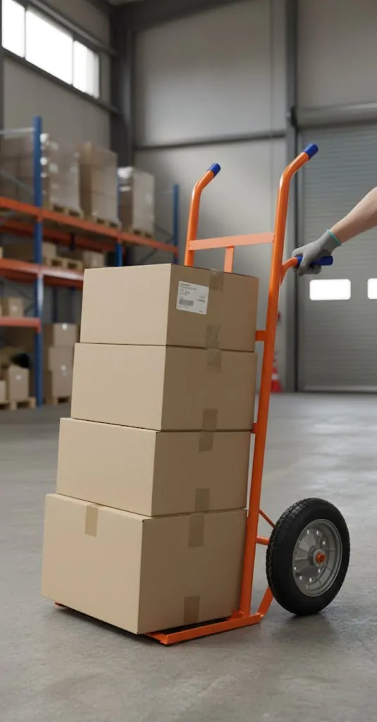 Um carrinho de carga com três caixas num galpão