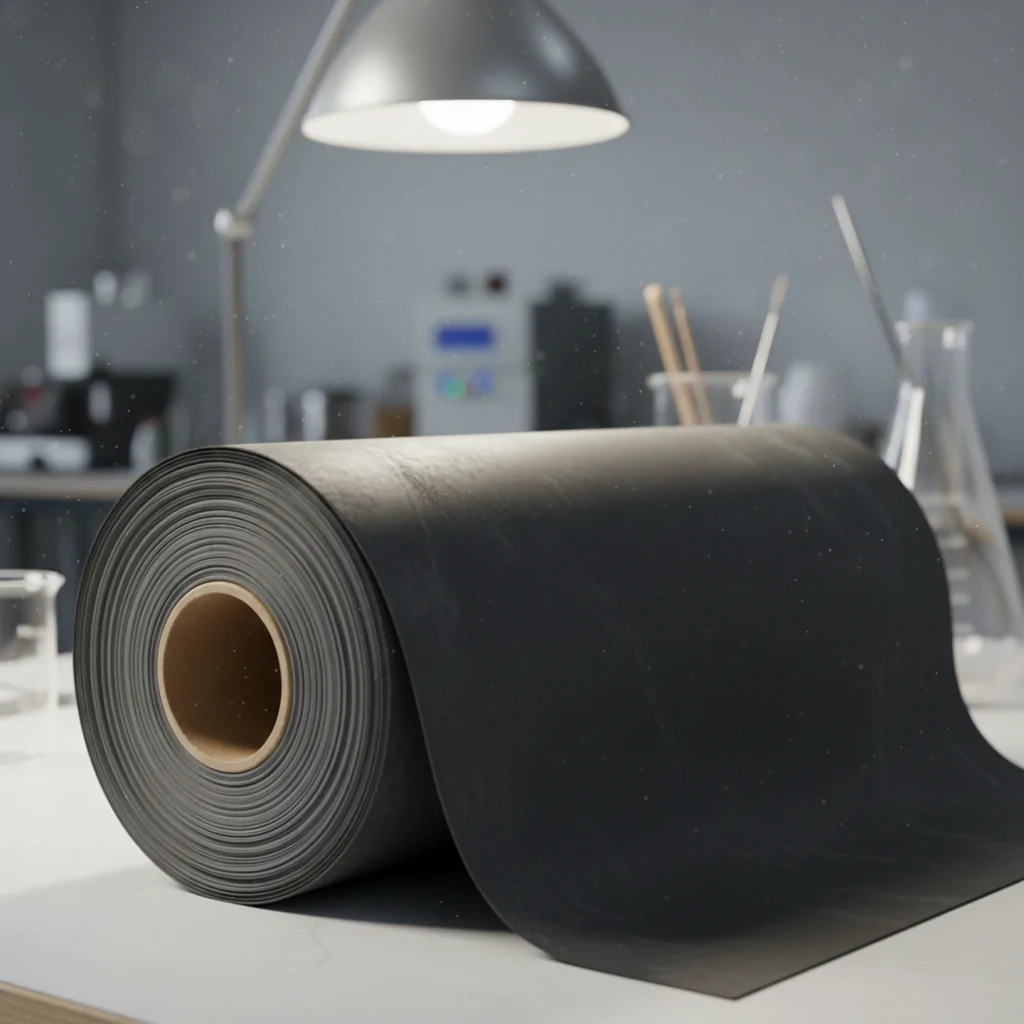 Uma folha de borracha preta enrolada repousa sobre uma mesa de trabalho em um laboratório ou oficina, com uma luminária de mesa acima e equipamentos desfocados ao fundo, destacando o material.