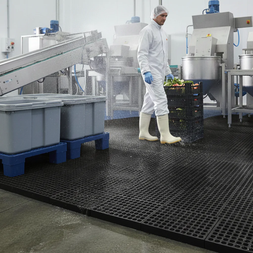 Ambiente industrial de processamento de alimentos com operador uniformizado caminhando sobre piso emborrachado antiderrapante, resistente à água e umidade, ideal para garantir segurança, higiene e drenagem eficiente em áreas produtivas.