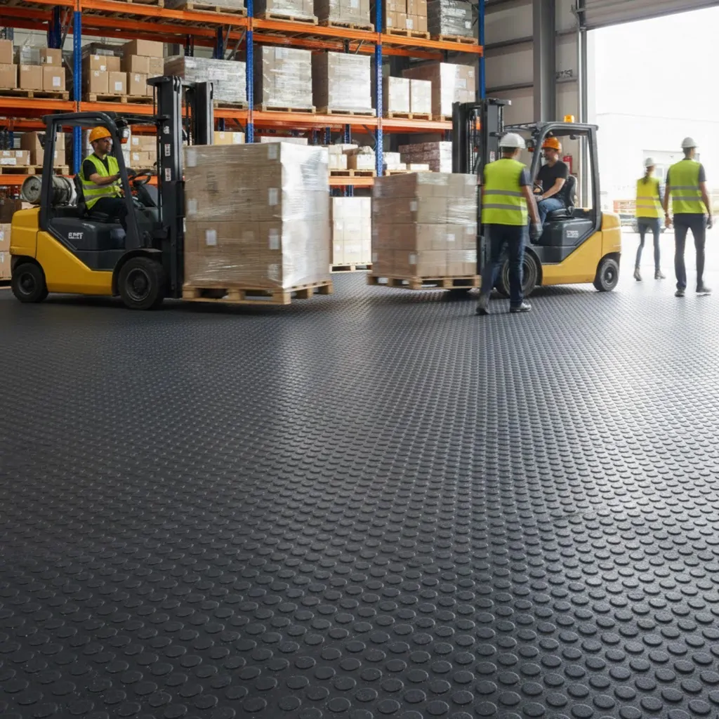 Esta imagem apresenta um cenário industrial dinâmico focado em um piso de borracha tipo moeda na cor preta, que ocupa o primeiro plano e se estende por todo o armazém. A textura de círculos em relevo (piso moeda) é nítida, destacando suas propriedades antiderrapantes para ambientes de alta circulação.