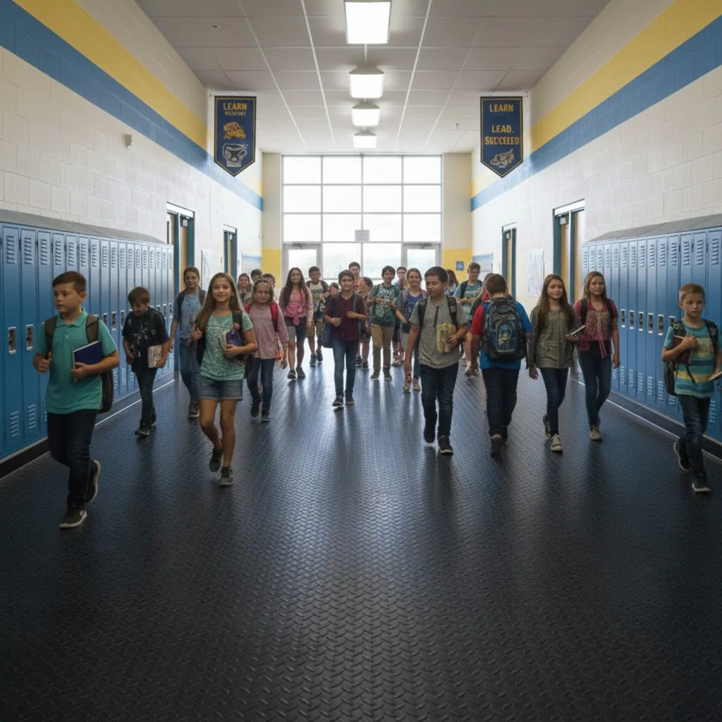 Esta imagem retrata o corredor de uma escola moderna com foco na aplicação de um piso emborrachado com textura diamante na cor preta, ideal para suportar o alto tráfego de pessoas. O piso ocupa o plano inferior, estendendo-se por todo o corredor e refletindo levemente a iluminação do teto.