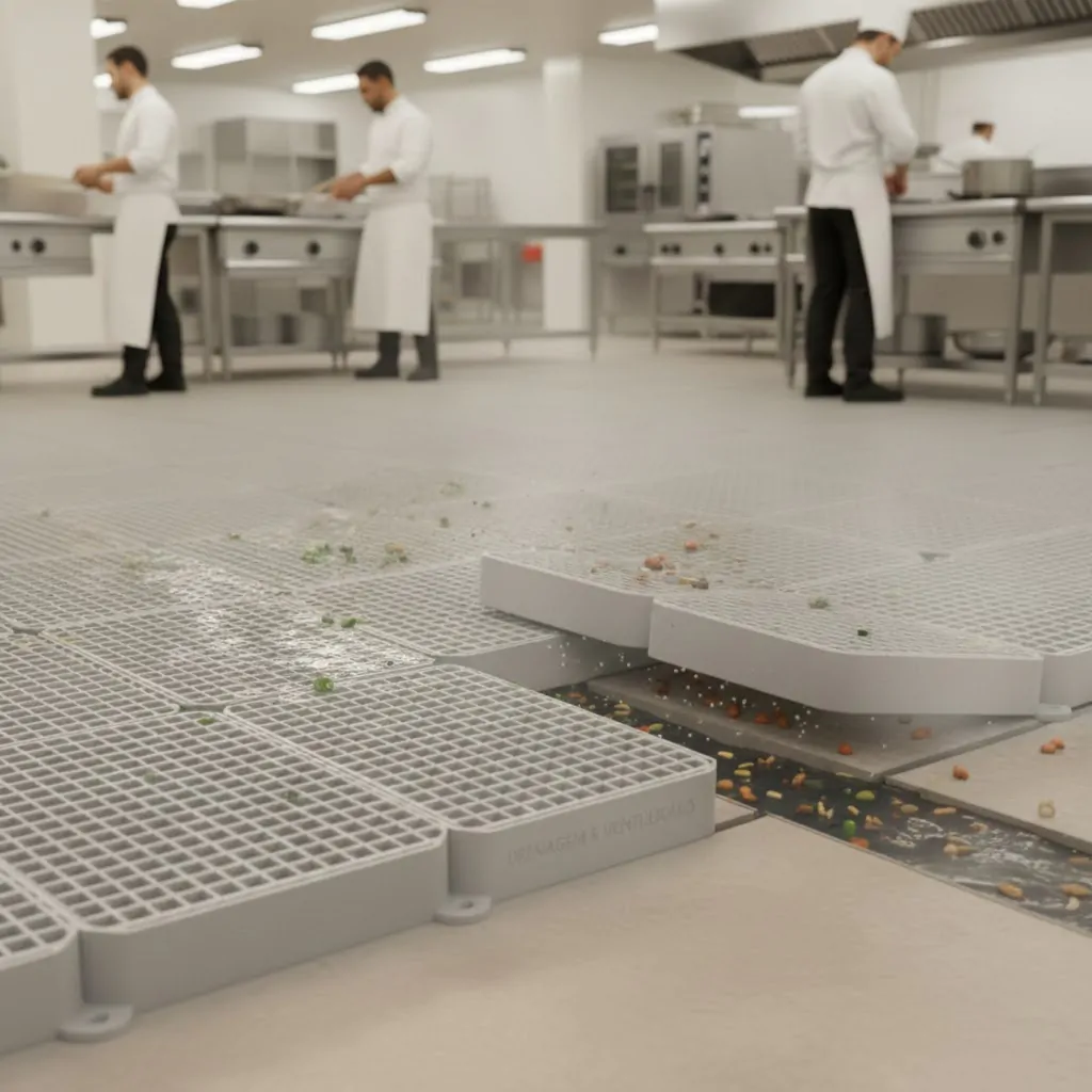 Visão em ângulo baixo de uma cozinha industrial limpa com chefs ao fundo. Em primeiro plano, estrados de PVC cinza claro estão instalados de forma modular sobre o piso. Um dos estrados está levemente suspenso, revelando um canal de drenagem abaixo, onde a água e pequenos resíduos fluem livremente, demonstrando a eficácia do sistema de ventilação e escoamento do produto
