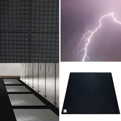 A imagem é uma composição de quatro fotos distintas, focadas em materiais industriais e segurança elétrica.