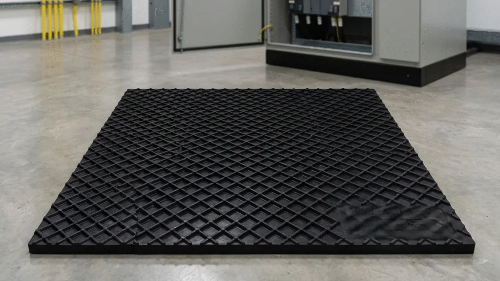 Esta imagem apresenta um estrado isolante de borracha, posicionado em um ambiente industrial ou técnico, como uma sala de painéis elétricos ou um centro de comando.